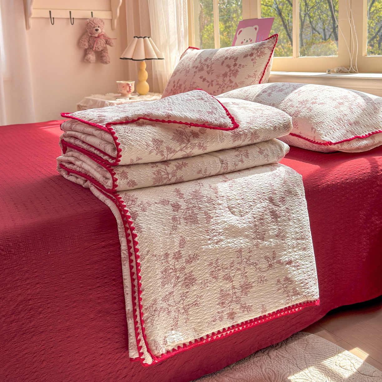 91家纺网 家纺一手货源 找家纺 （总）仟网汇 2026新款三角针贝壳边泡芙纱夏被四件套