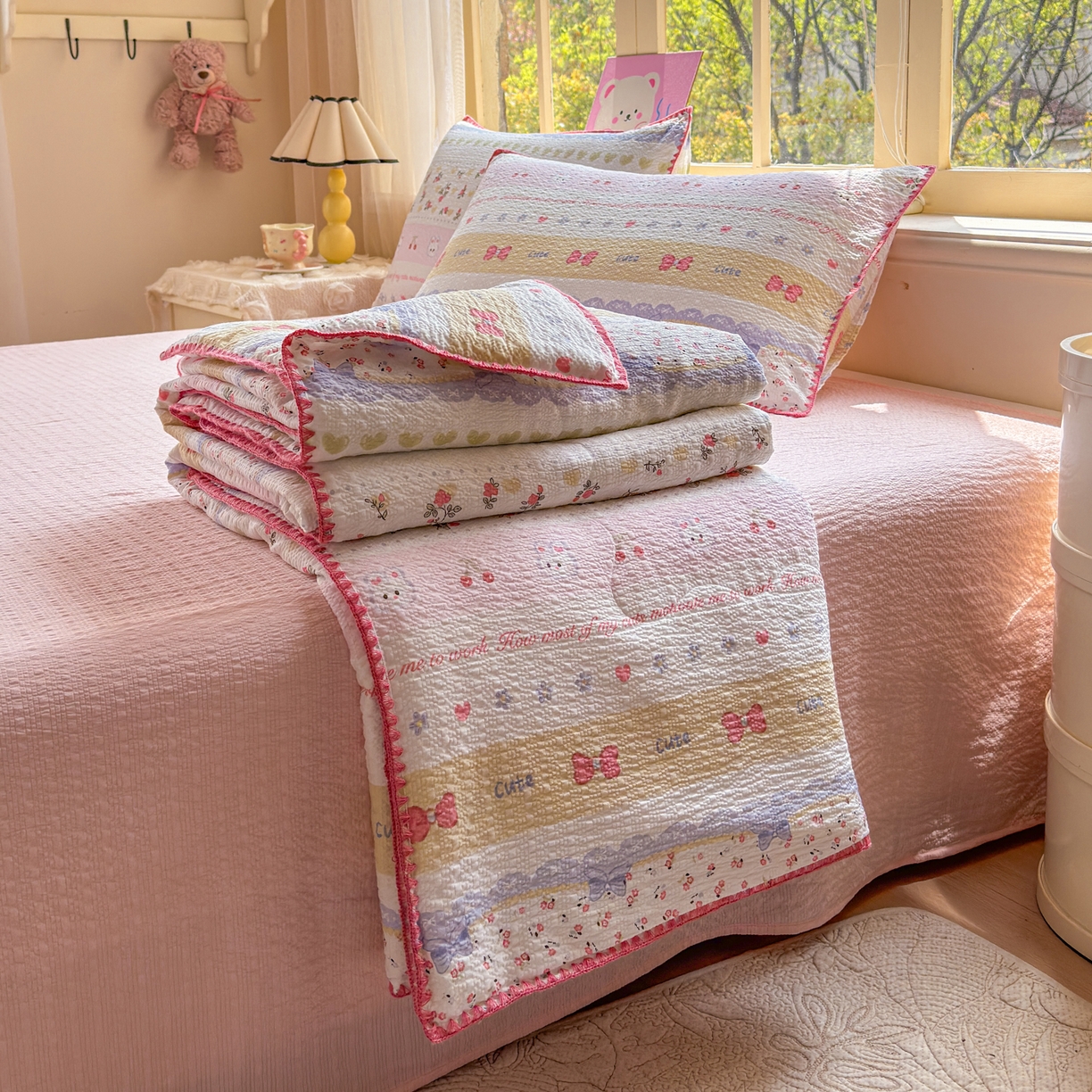 91家纺网 家纺一手货源 找家纺 （总）仟网汇 2026新款三角针贝壳边泡芙纱夏被四件套