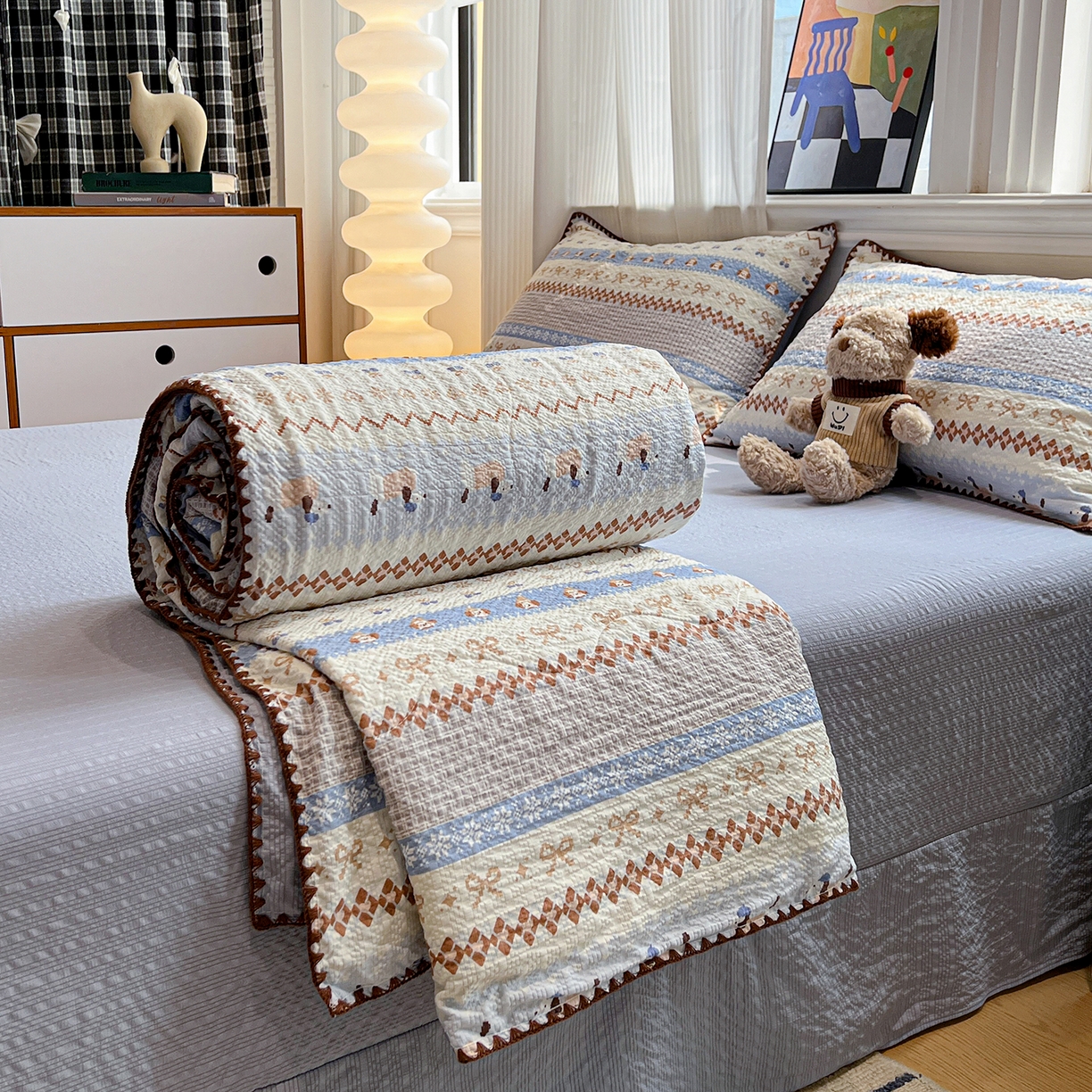 91家纺网 家纺一手货源 找家纺 （总）仟网汇 2026新款三角针贝壳边泡芙纱夏被四件套