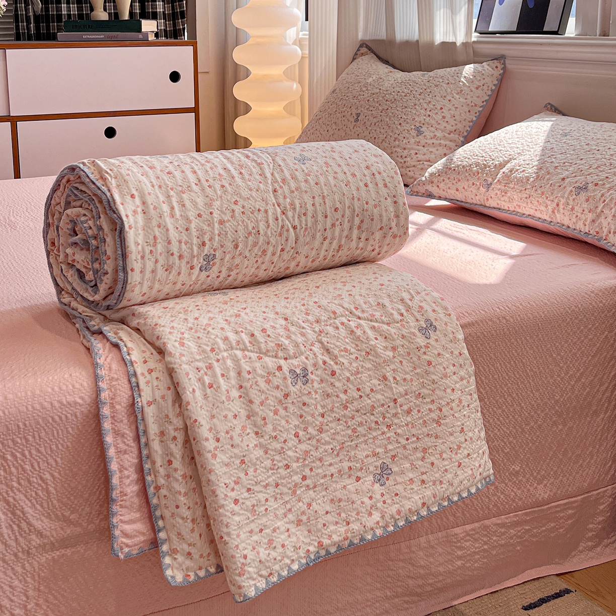 91家纺网 家纺一手货源 找家纺 （总）仟网汇 2026新款三角针贝壳边泡芙纱夏被四件套