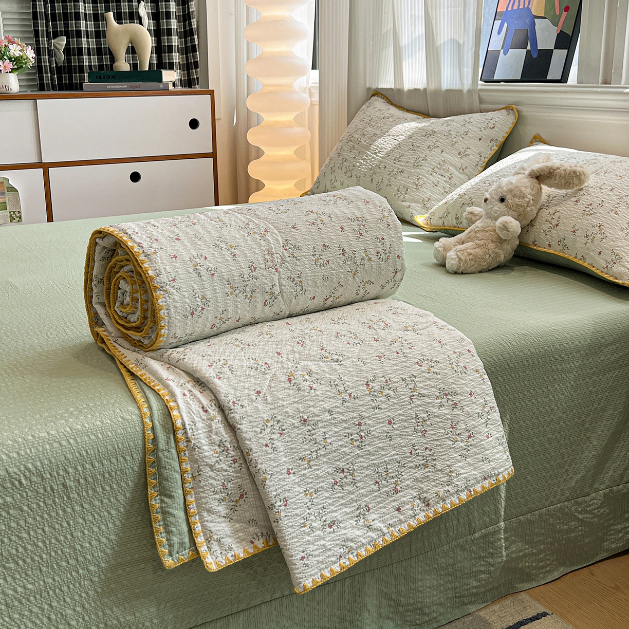 91家纺网 家纺一手货源 找家纺 （总）仟网汇 2026新款三角针贝壳边泡芙纱夏被四件套