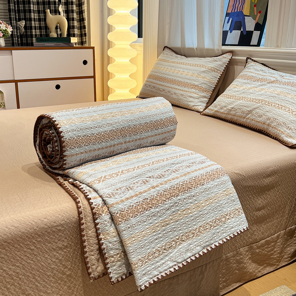 91家纺网 家纺一手货源 找家纺 （总）仟网汇 2026新款三角针贝壳边泡芙纱夏被四件套