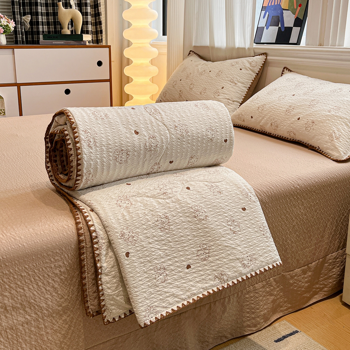 91家纺网 家纺一手货源 找家纺 （总）仟网汇 2026新款三角针贝壳边泡芙纱夏被四件套