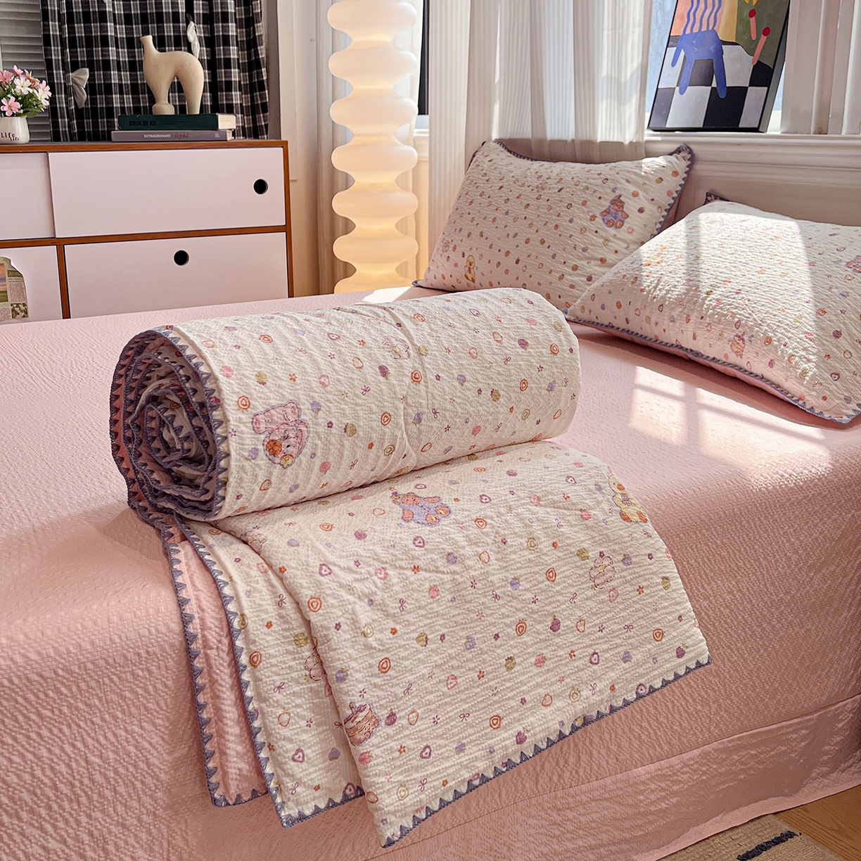 91家纺网 家纺一手货源 找家纺 （总）仟网汇 2026新款三角针贝壳边泡芙纱夏被四件套