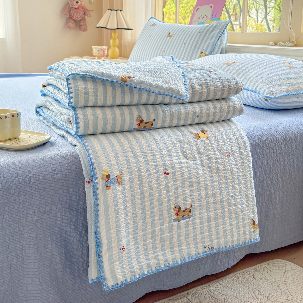 仟网汇 2026新款三角针贝壳边泡芙纱夏被四件套 三角针-滑板狗