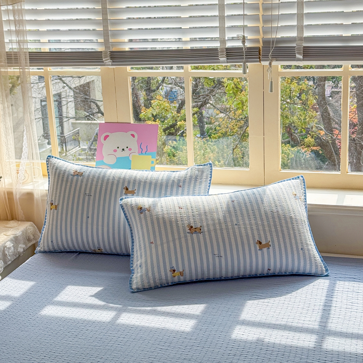 91家纺网 家纺一手货源 找家纺 仟网汇 2026新款三角针贝壳边泡芙纱夏被四件套 三角针-滑板狗