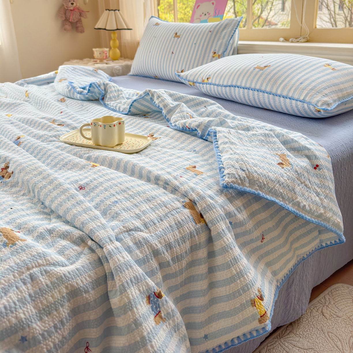 91家纺网 家纺一手货源 找家纺 仟网汇 2026新款三角针贝壳边泡芙纱夏被四件套 三角针-滑板狗