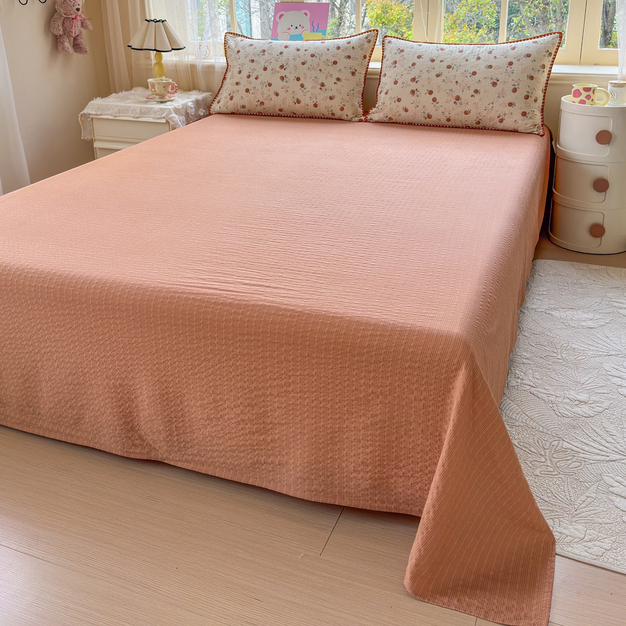 91家纺网 家纺一手货源 找家纺 仟网汇 2026新款三角针贝壳边泡芙纱夏被四件套 三角针-柿柿如意