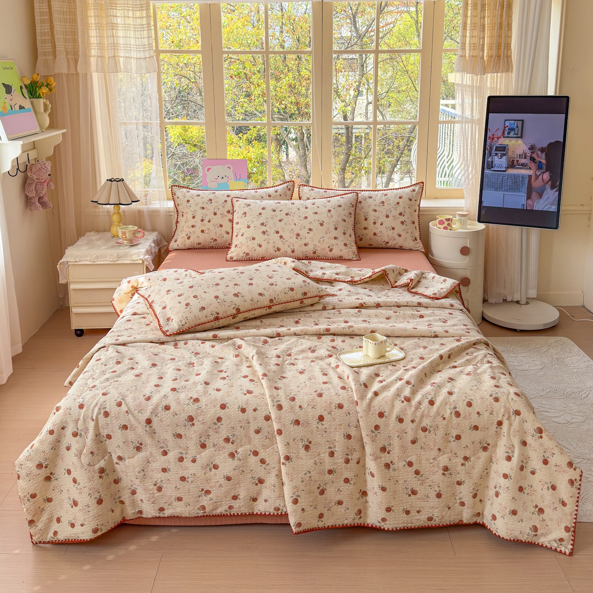 91家纺网 家纺一手货源 找家纺 仟网汇 2026新款三角针贝壳边泡芙纱夏被四件套 三角针-柿柿如意