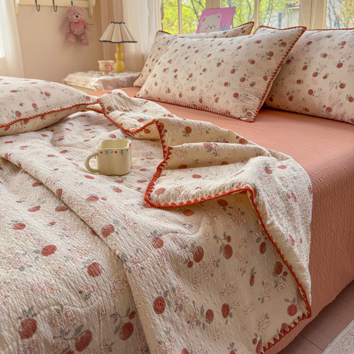 91家纺网 家纺一手货源 找家纺 仟网汇 2026新款三角针贝壳边泡芙纱夏被四件套 三角针-柿柿如意