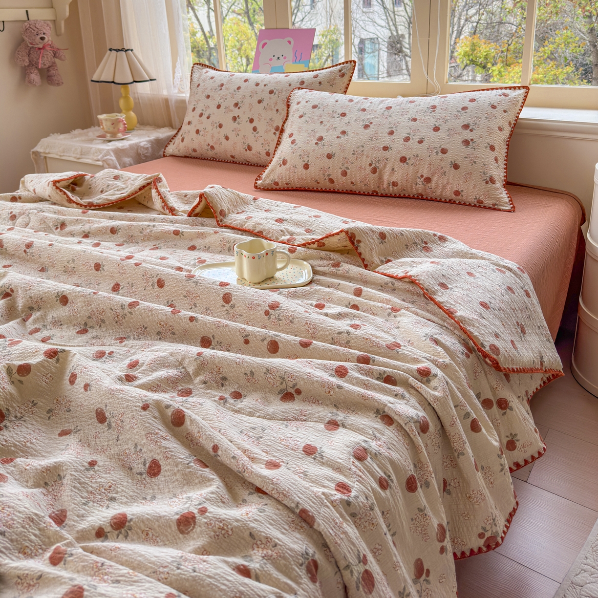 91家纺网 家纺一手货源 找家纺 仟网汇 2026新款三角针贝壳边泡芙纱夏被四件套 三角针-柿柿如意