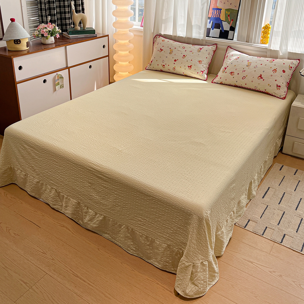 91家纺网 家纺一手货源 找家纺 仟网汇 2026新款三角针贝壳边泡芙纱夏被四件套 三角针夏被-蛋糕星人