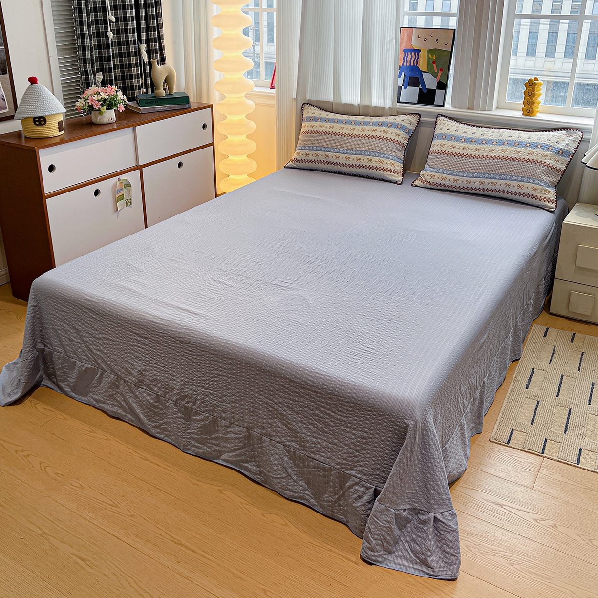 91家纺网 家纺一手货源 找家纺 仟网汇 2026新款三角针贝壳边泡芙纱夏被四件套 三角针夏被-费尔岛蓝