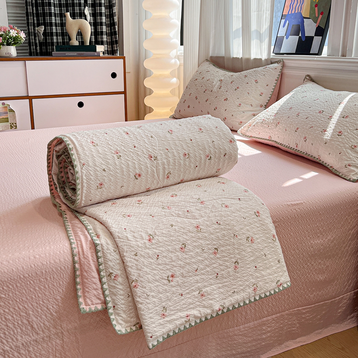 仟网汇 2026新款三角针贝壳边泡芙纱夏被四件套 三角针夏被-粉雾小花