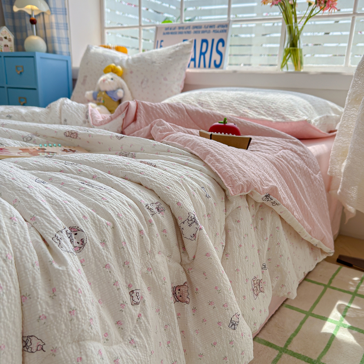 91家纺网 家纺一手货源 找家纺 玉海棠家纺 2026新款云感泡芙棉夏被空调被夏凉被四件套 粉萌