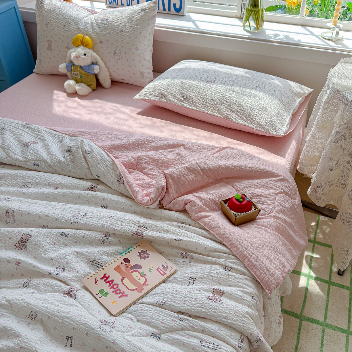 91家纺网 家纺一手货源 找家纺 玉海棠家纺 2026新款云感泡芙棉夏被空调被夏凉被四件套 粉萌