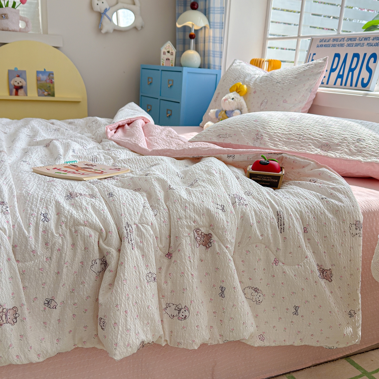 91家纺网 家纺一手货源 找家纺 玉海棠家纺 2026新款云感泡芙棉夏被空调被夏凉被四件套 粉萌