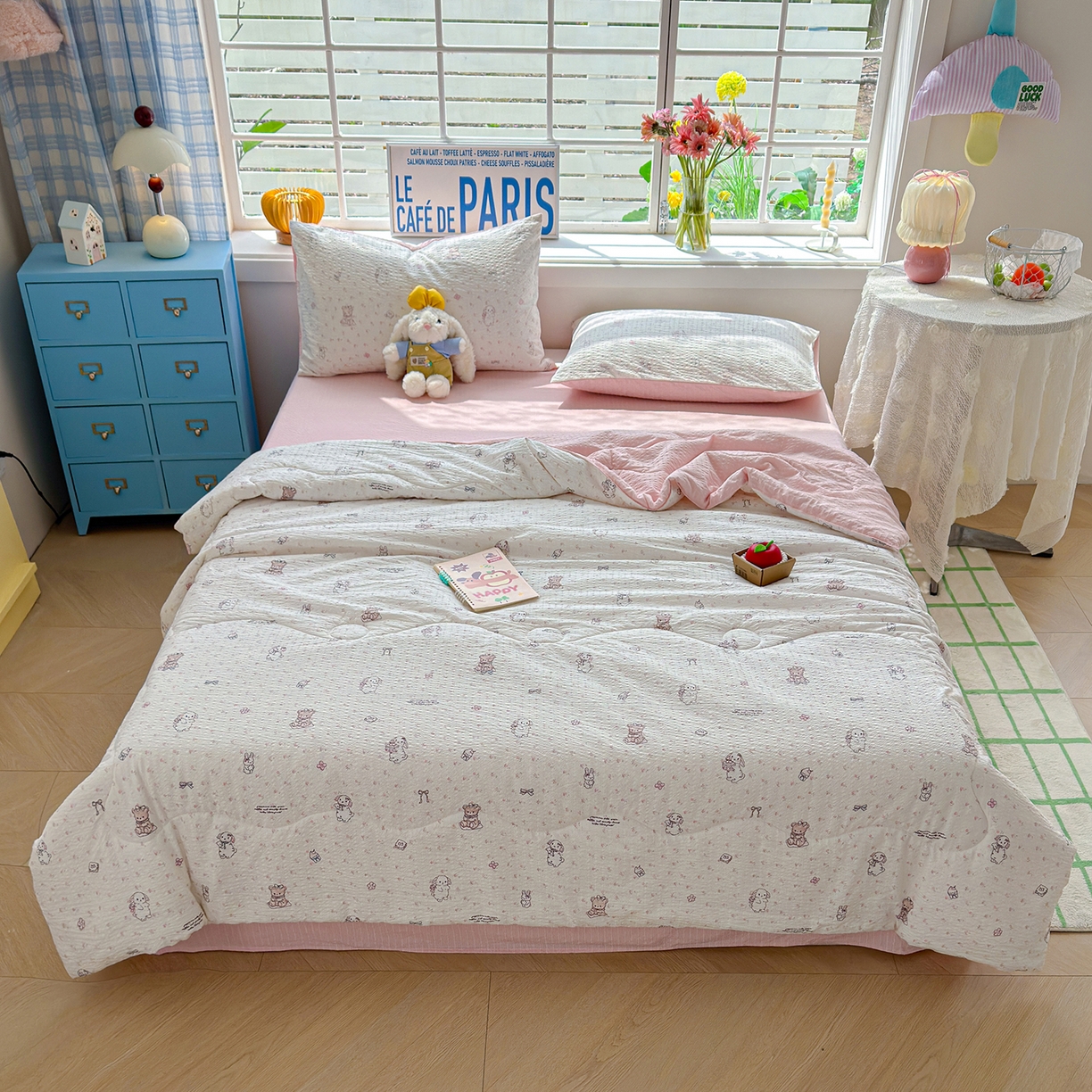 91家纺网 家纺一手货源 找家纺 玉海棠家纺 2026新款云感泡芙棉夏被空调被夏凉被四件套 粉萌