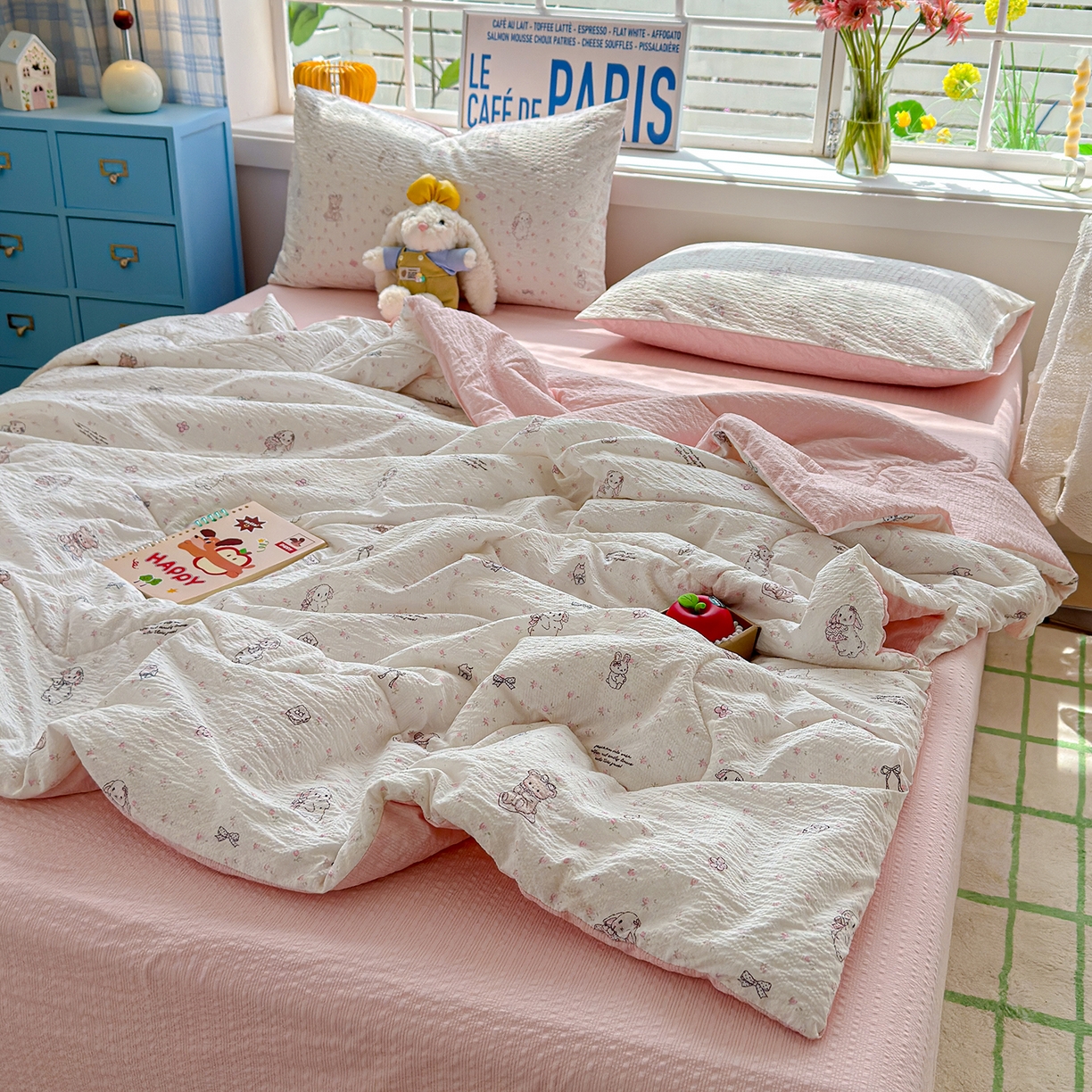 91家纺网 家纺一手货源 找家纺 玉海棠家纺 2026新款云感泡芙棉夏被空调被夏凉被四件套 粉萌