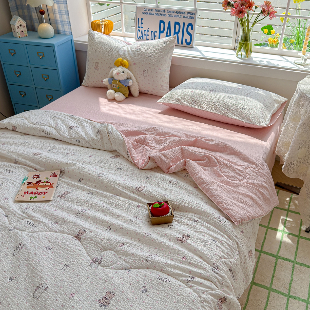 91家纺网 家纺一手货源 找家纺 玉海棠家纺 2026新款云感泡芙棉夏被空调被夏凉被四件套 粉萌