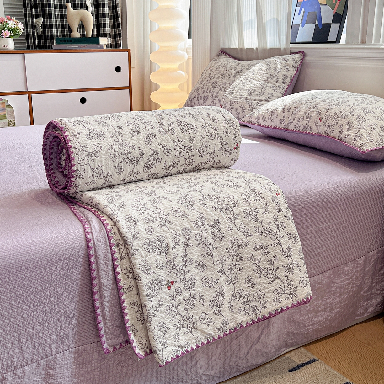 仟网汇 2026新款三角针贝壳边泡芙纱夏被四件套 三角针夏被-花影