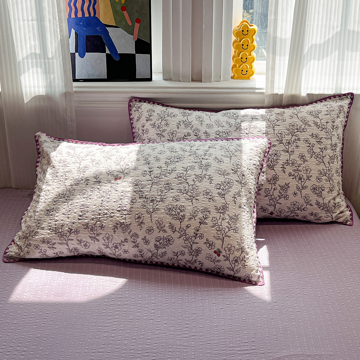 91家纺网 家纺一手货源 找家纺 仟网汇 2026新款三角针贝壳边泡芙纱夏被四件套 三角针夏被-花影