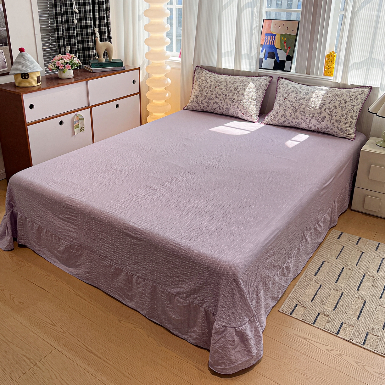 91家纺网 家纺一手货源 找家纺 仟网汇 2026新款三角针贝壳边泡芙纱夏被四件套 三角针夏被-花影