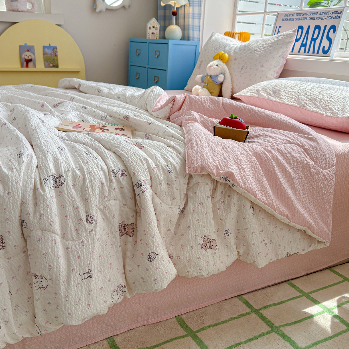 91家纺网 家纺一手货源 找家纺 玉海棠家纺 2026新款云感泡芙棉夏被空调被夏凉被四件套 粉萌