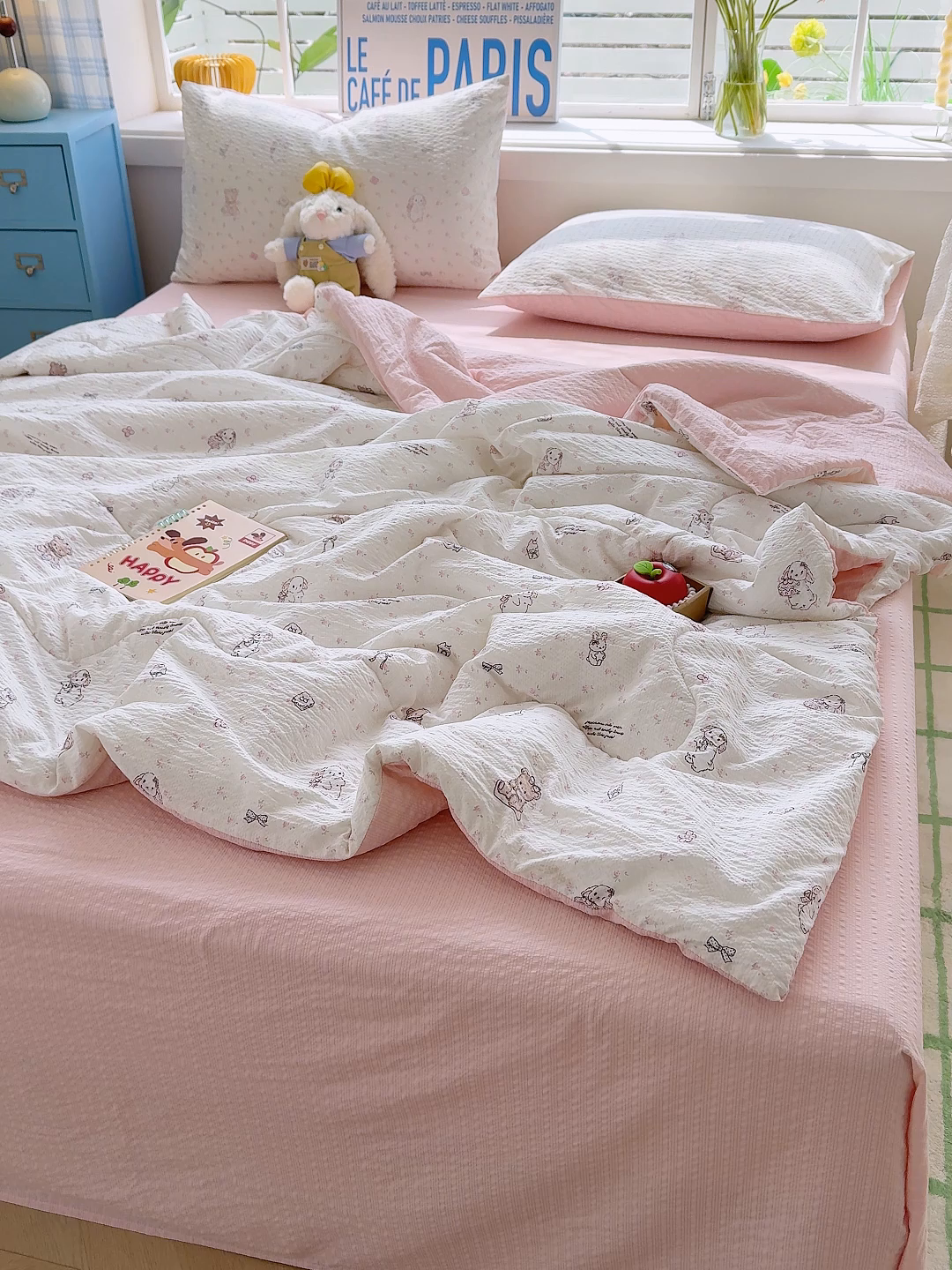 91家纺网 家纺一手货源 找家纺 玉海棠家纺 2026新款云感泡芙棉夏被空调被夏凉被四件套 粉萌