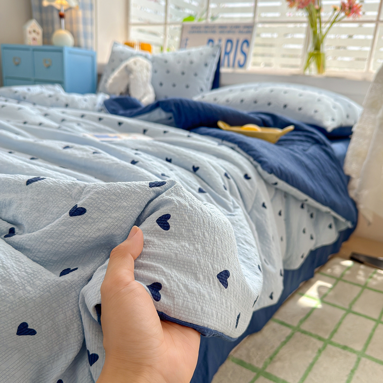91家纺网 家纺一手货源 找家纺 玉海棠家纺 2026新款云感泡芙棉夏被空调被夏凉被四件套 海盐