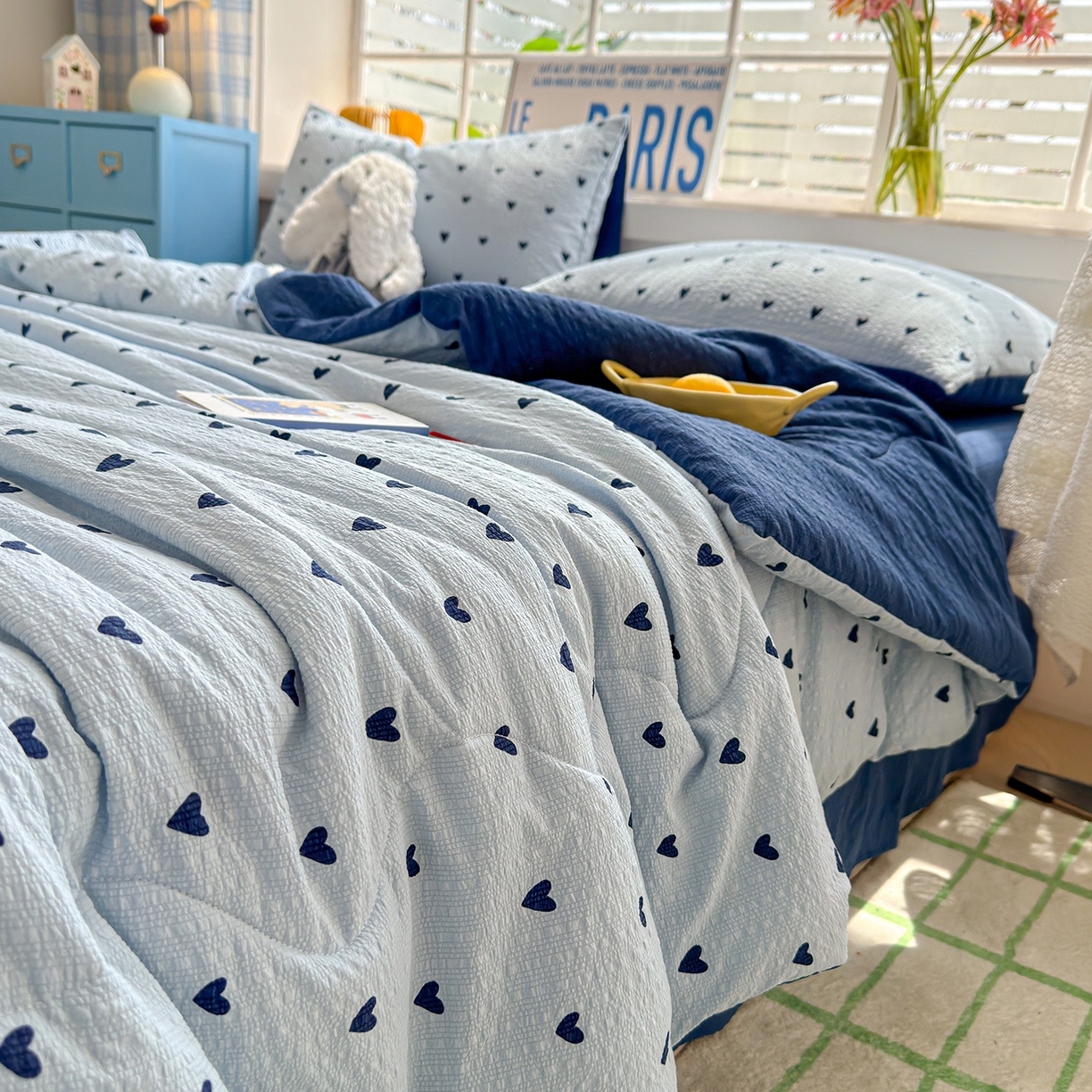 91家纺网 家纺一手货源 找家纺 玉海棠家纺 2026新款云感泡芙棉夏被空调被夏凉被四件套 海盐