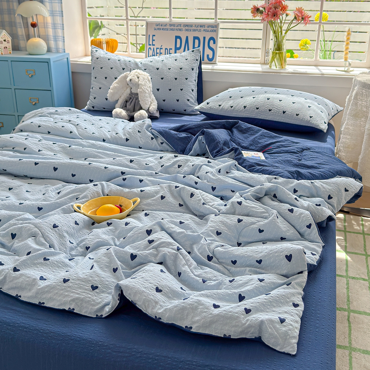 91家纺网 家纺一手货源 找家纺 玉海棠家纺 2026新款云感泡芙棉夏被空调被夏凉被四件套 海盐