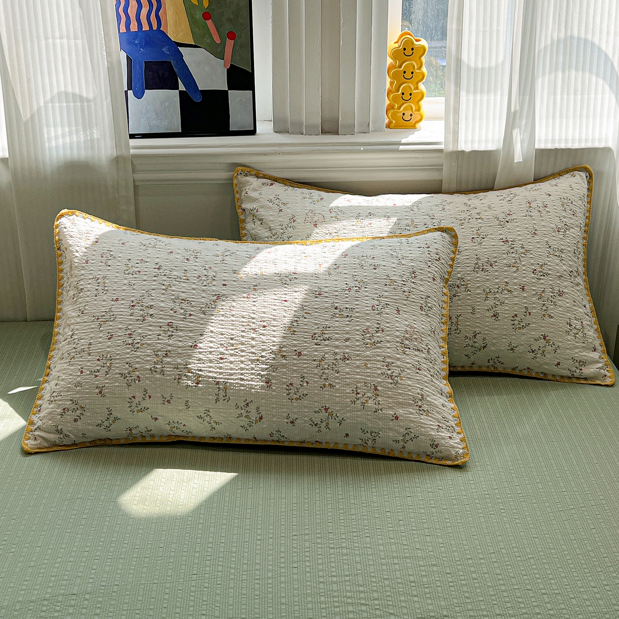 91家纺网 家纺一手货源 找家纺 仟网汇 2026新款三角针贝壳边泡芙纱夏被四件套 三角针夏被-花枝兔