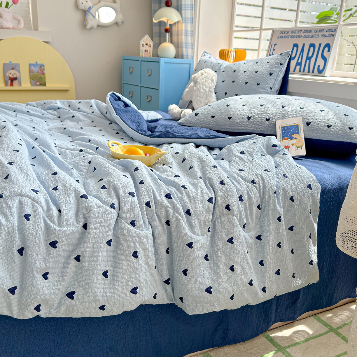 91家纺网 家纺一手货源 找家纺 玉海棠家纺 2026新款云感泡芙棉夏被空调被夏凉被四件套 海盐