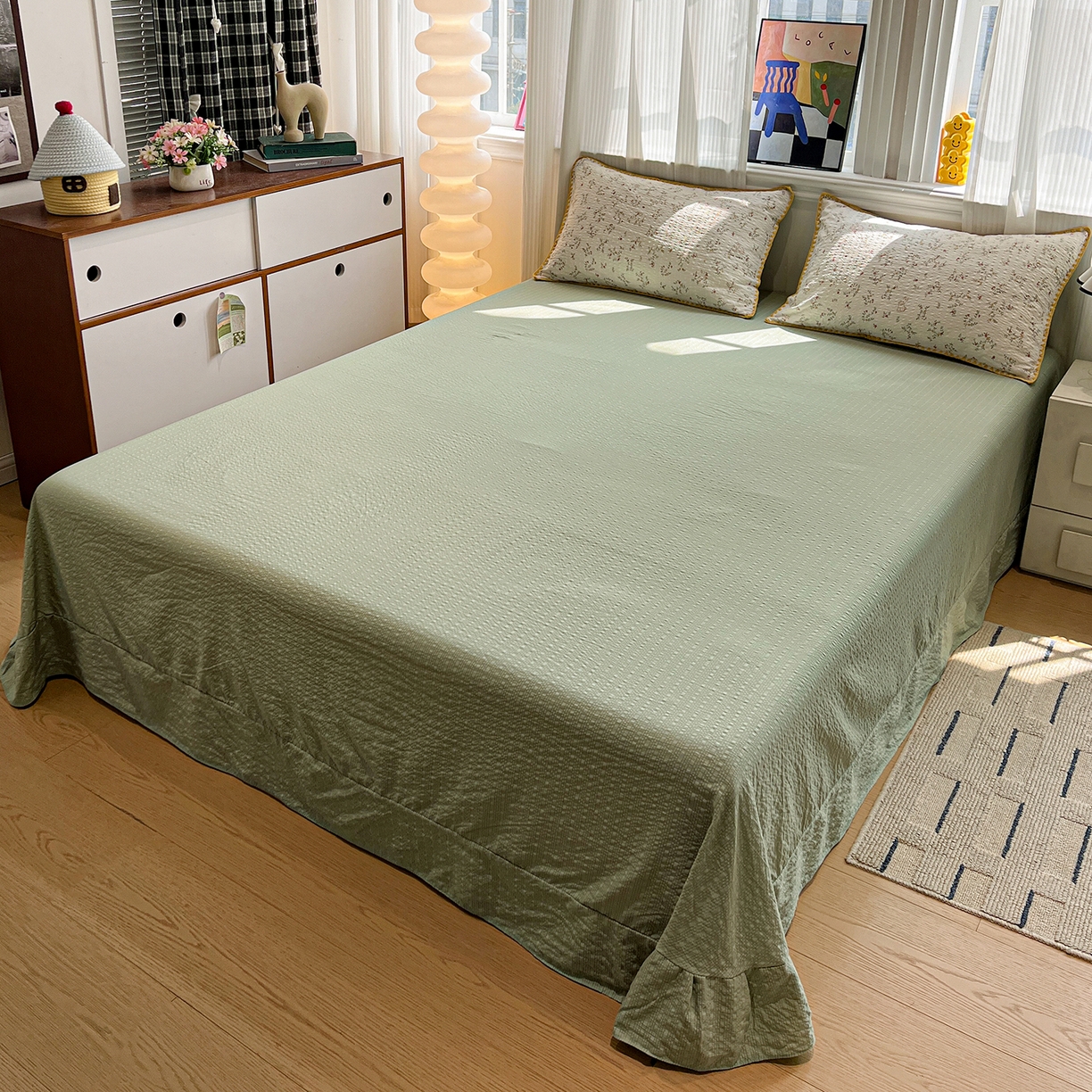 91家纺网 家纺一手货源 找家纺 仟网汇 2026新款三角针贝壳边泡芙纱夏被四件套 三角针夏被-花枝兔