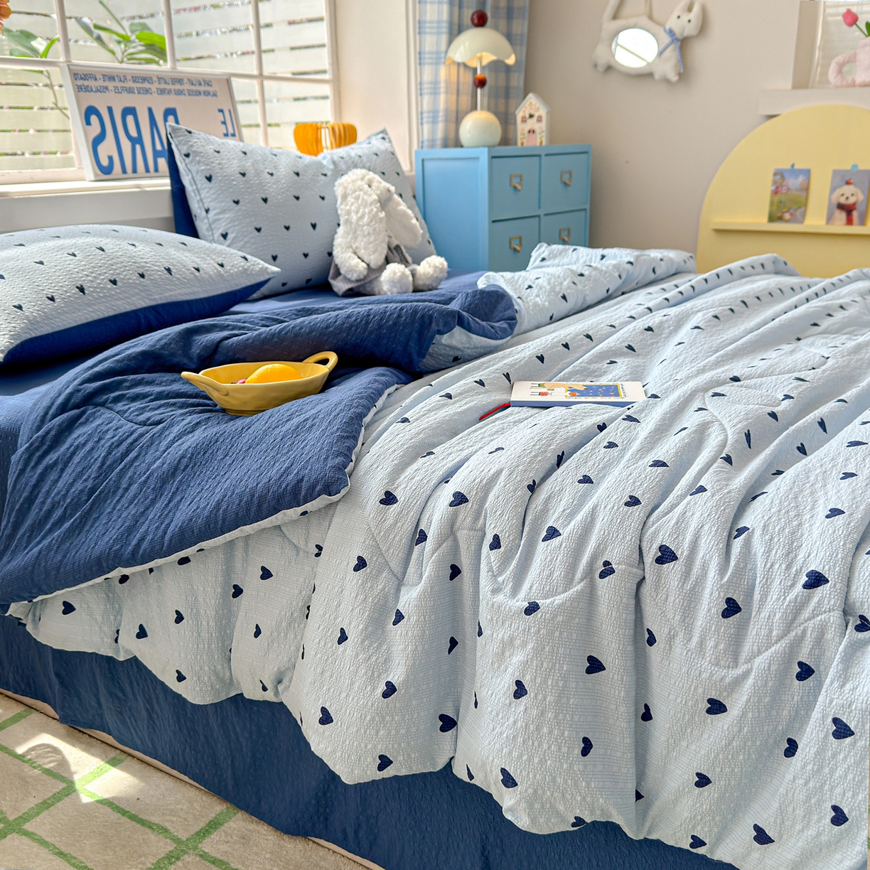 91家纺网 家纺一手货源 找家纺 玉海棠家纺 2026新款云感泡芙棉夏被空调被夏凉被四件套 海盐