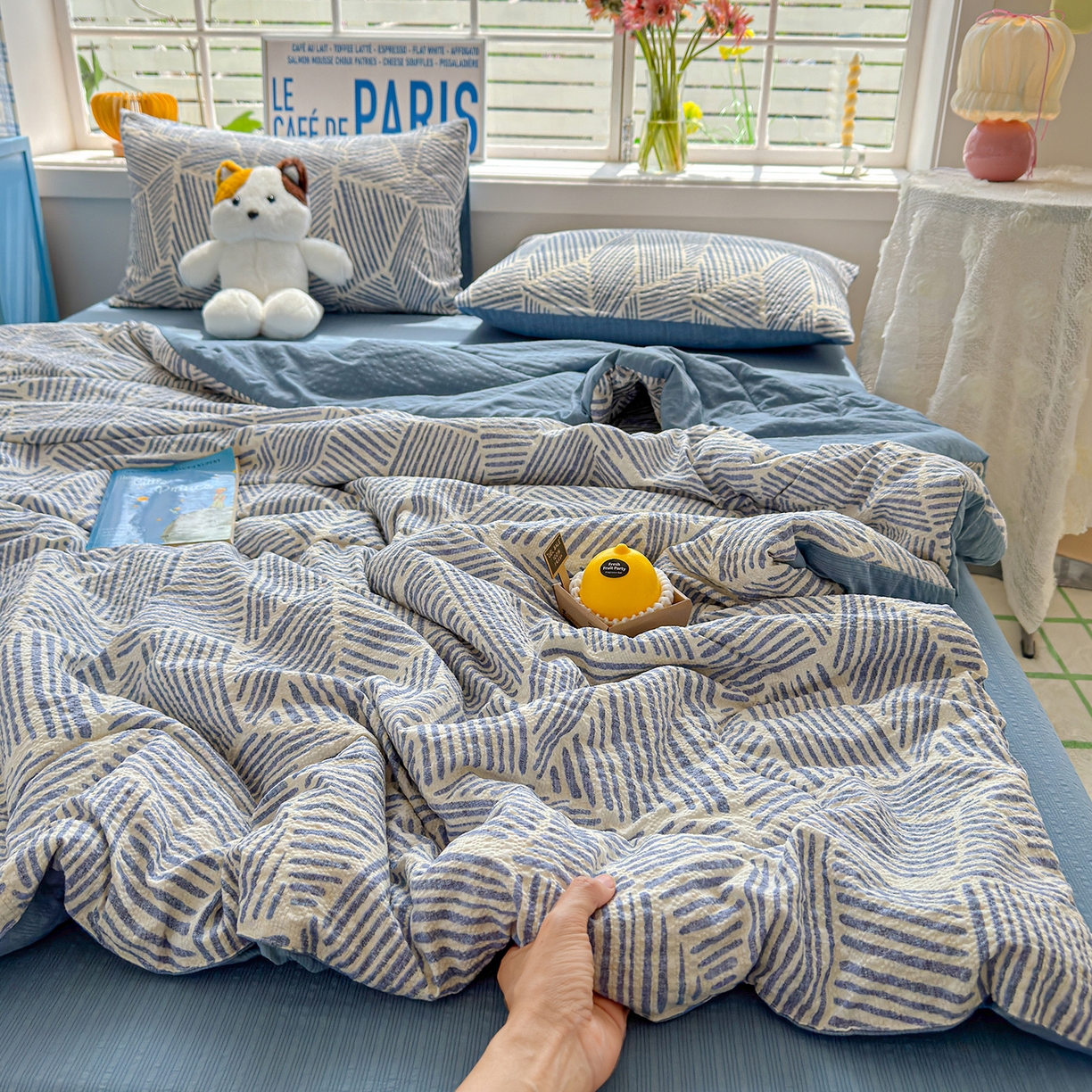 玉海棠家纺 2026新款云感泡芙棉夏被空调被夏凉被四件套 蓝白织序