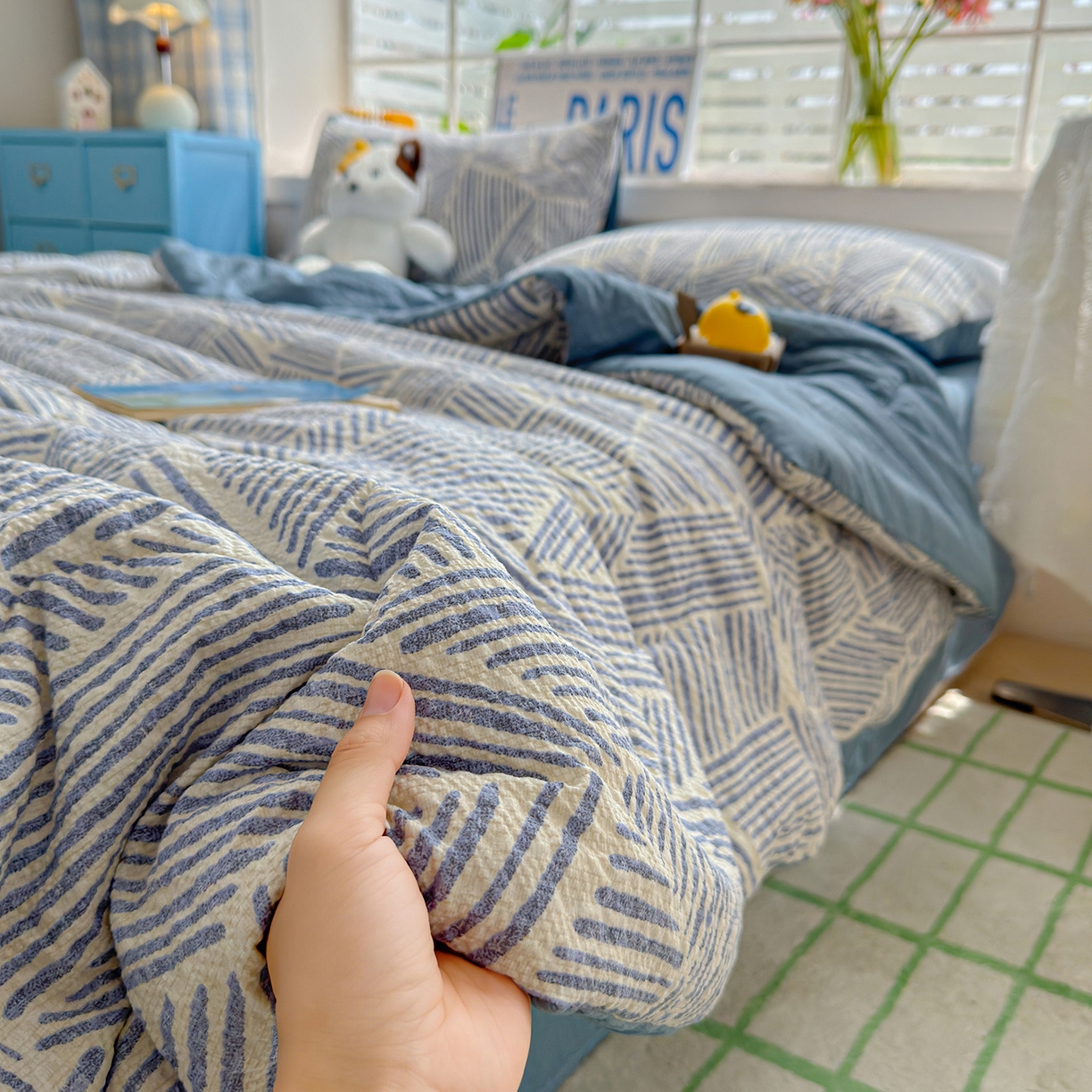 91家纺网 家纺一手货源 找家纺 玉海棠家纺 2026新款云感泡芙棉夏被空调被夏凉被四件套 蓝白织序