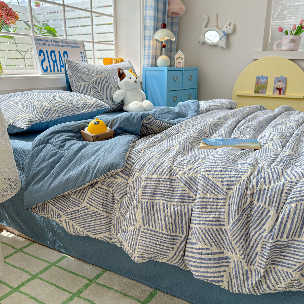 91家纺网 家纺一手货源 找家纺 玉海棠家纺 2026新款云感泡芙棉夏被空调被夏凉被四件套 蓝白织序