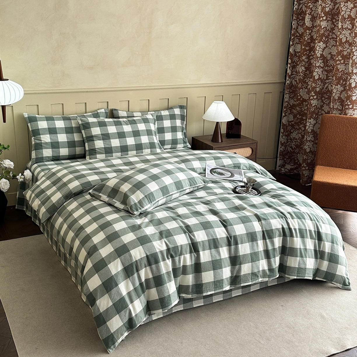 91家纺网 家纺一手货源 找家纺 蓝梦 2026新款全棉纯棉色织水洗棉简约四件套-大格 艾格绿