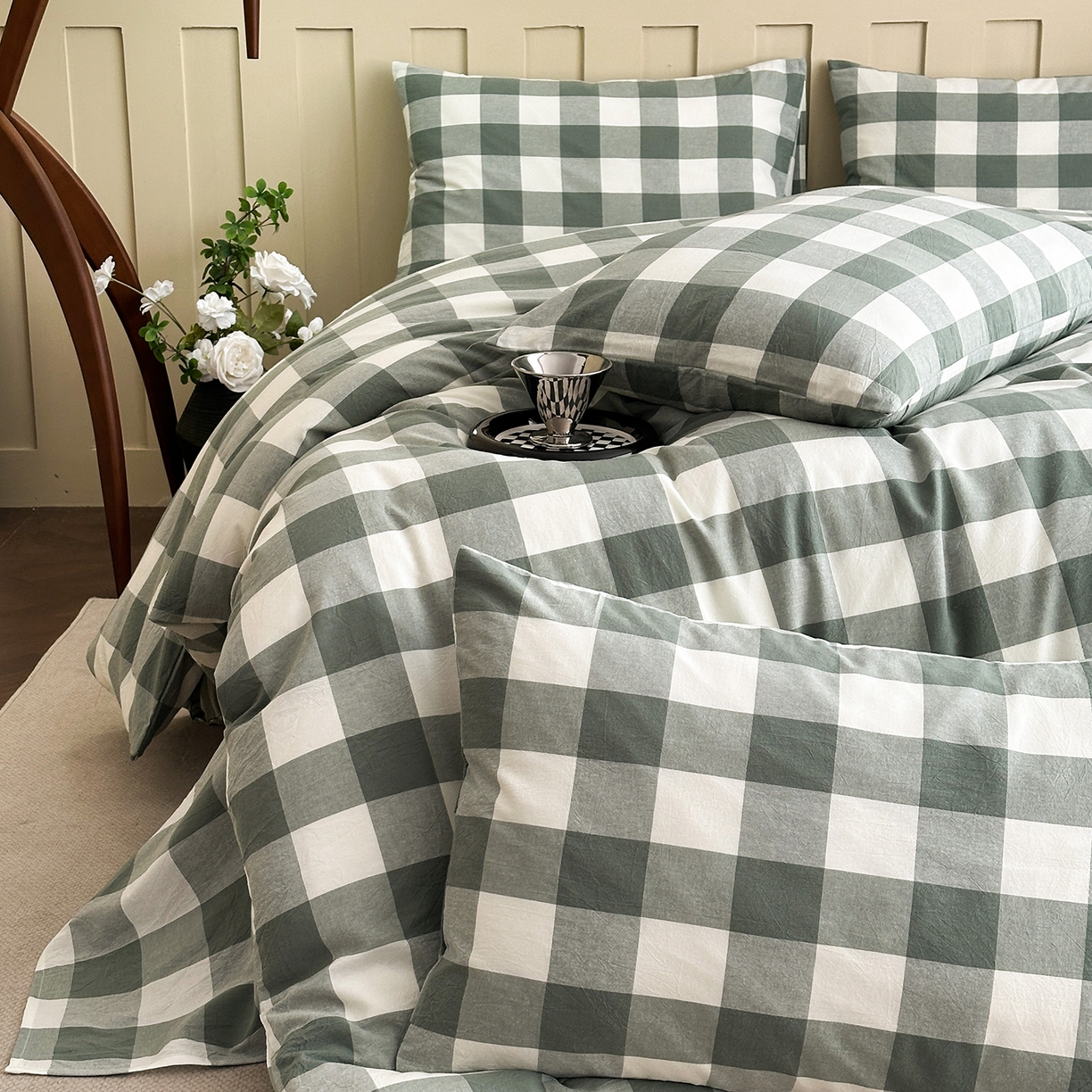 91家纺网 家纺一手货源 找家纺 蓝梦 2026新款全棉纯棉色织水洗棉简约四件套-大格 艾格绿