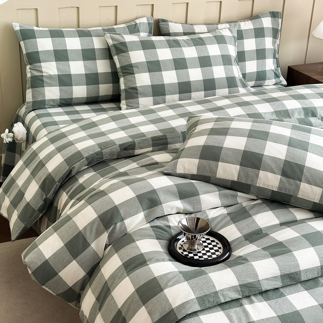 91家纺网 家纺一手货源 找家纺 蓝梦 2026新款全棉纯棉色织水洗棉简约四件套-大格 艾格绿