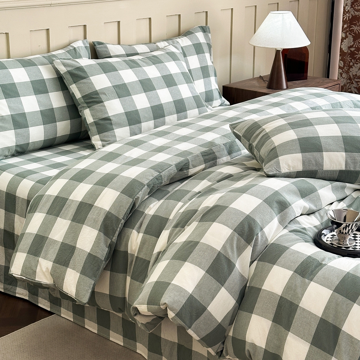 91家纺网 家纺一手货源 找家纺 蓝梦 2026新款全棉纯棉色织水洗棉简约四件套-大格 艾格绿