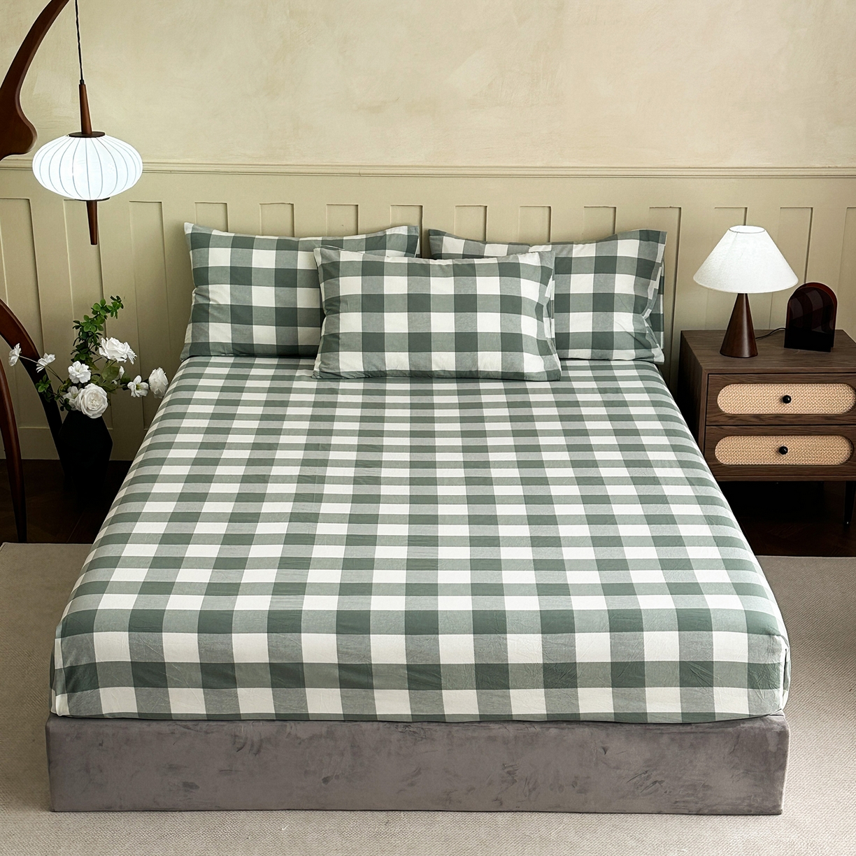 91家纺网 家纺一手货源 找家纺 蓝梦 2026新款全棉纯棉色织水洗棉简约四件套-大格 艾格绿