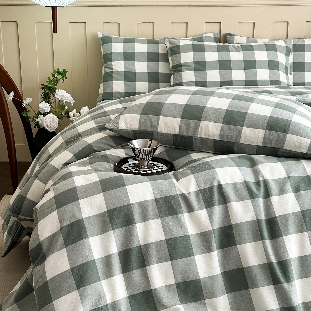 91家纺网 家纺一手货源 找家纺 蓝梦 2026新款全棉纯棉色织水洗棉简约四件套-大格 艾格绿