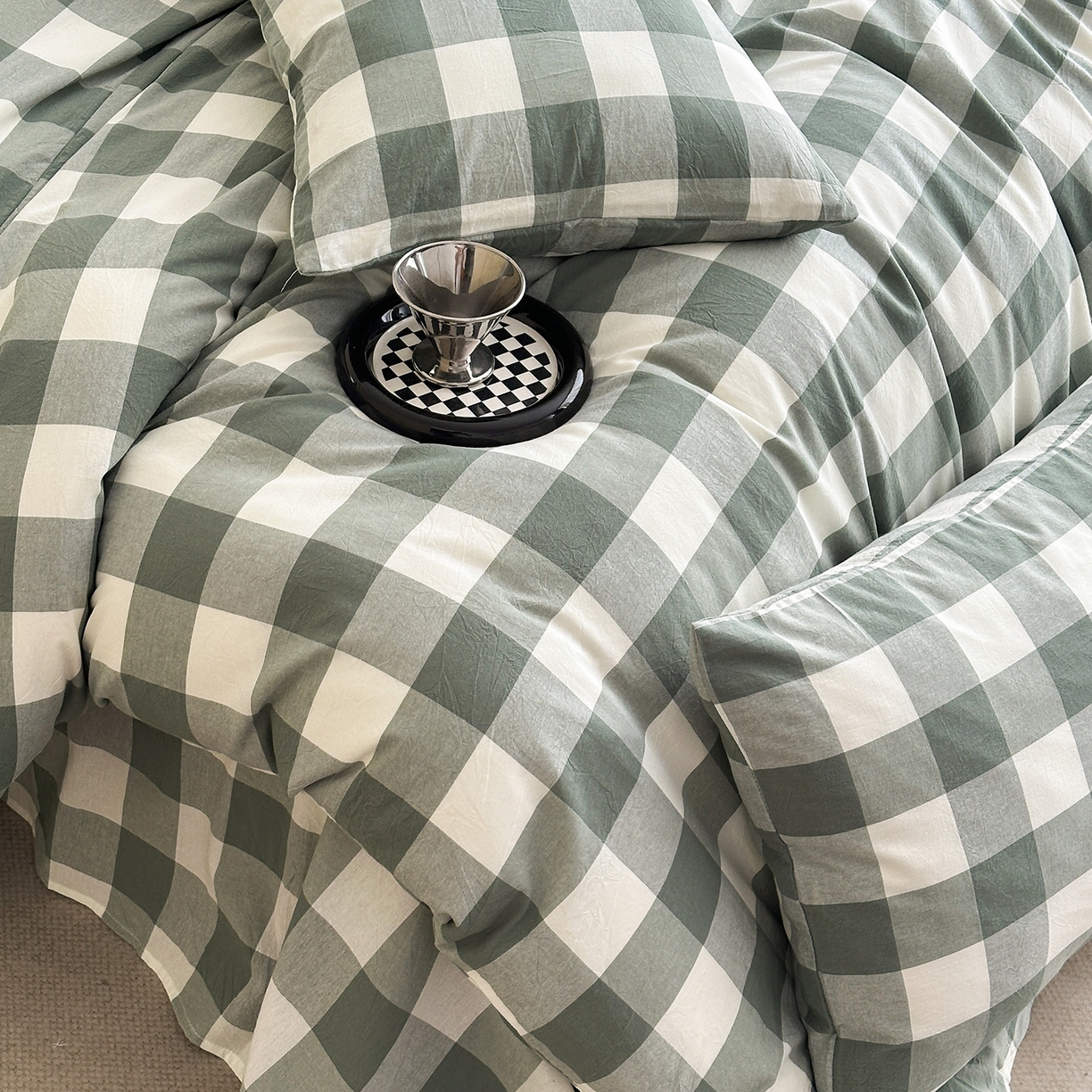 91家纺网 家纺一手货源 找家纺 蓝梦 2026新款全棉纯棉色织水洗棉简约四件套-大格 艾格绿