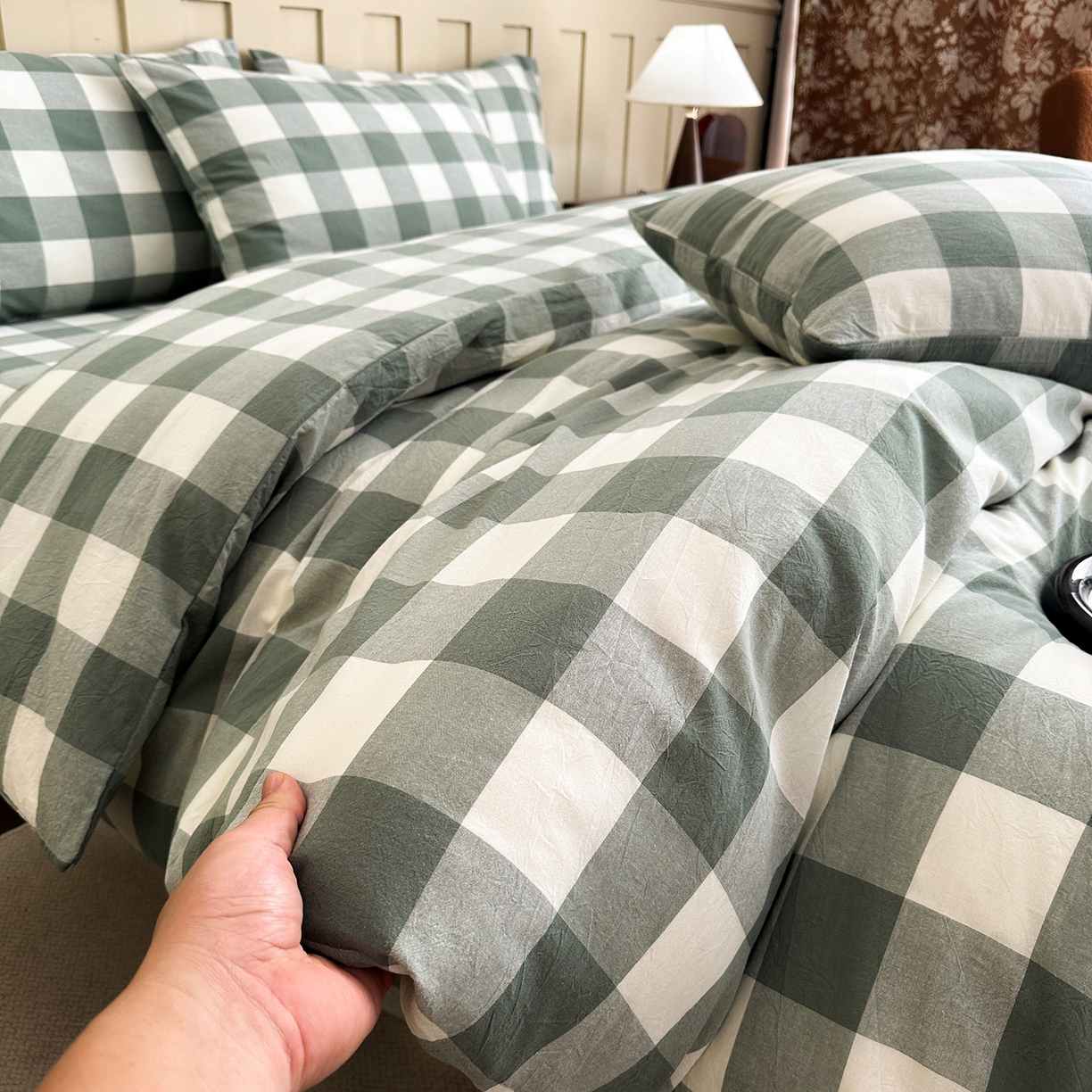 91家纺网 家纺一手货源 找家纺 蓝梦 2026新款全棉纯棉色织水洗棉简约四件套-大格 艾格绿