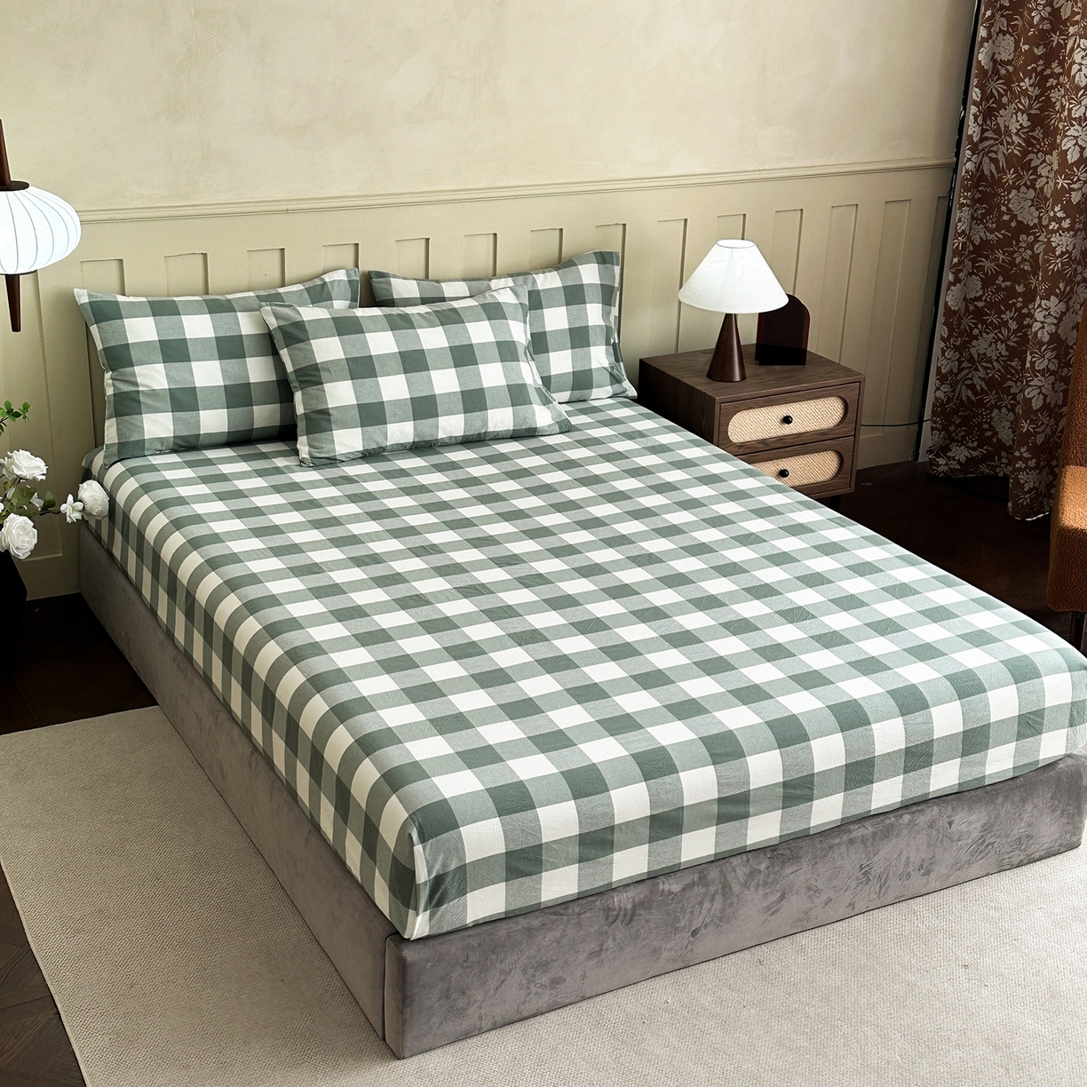 91家纺网 家纺一手货源 找家纺 蓝梦 2026新款全棉纯棉色织水洗棉简约四件套-大格 艾格绿