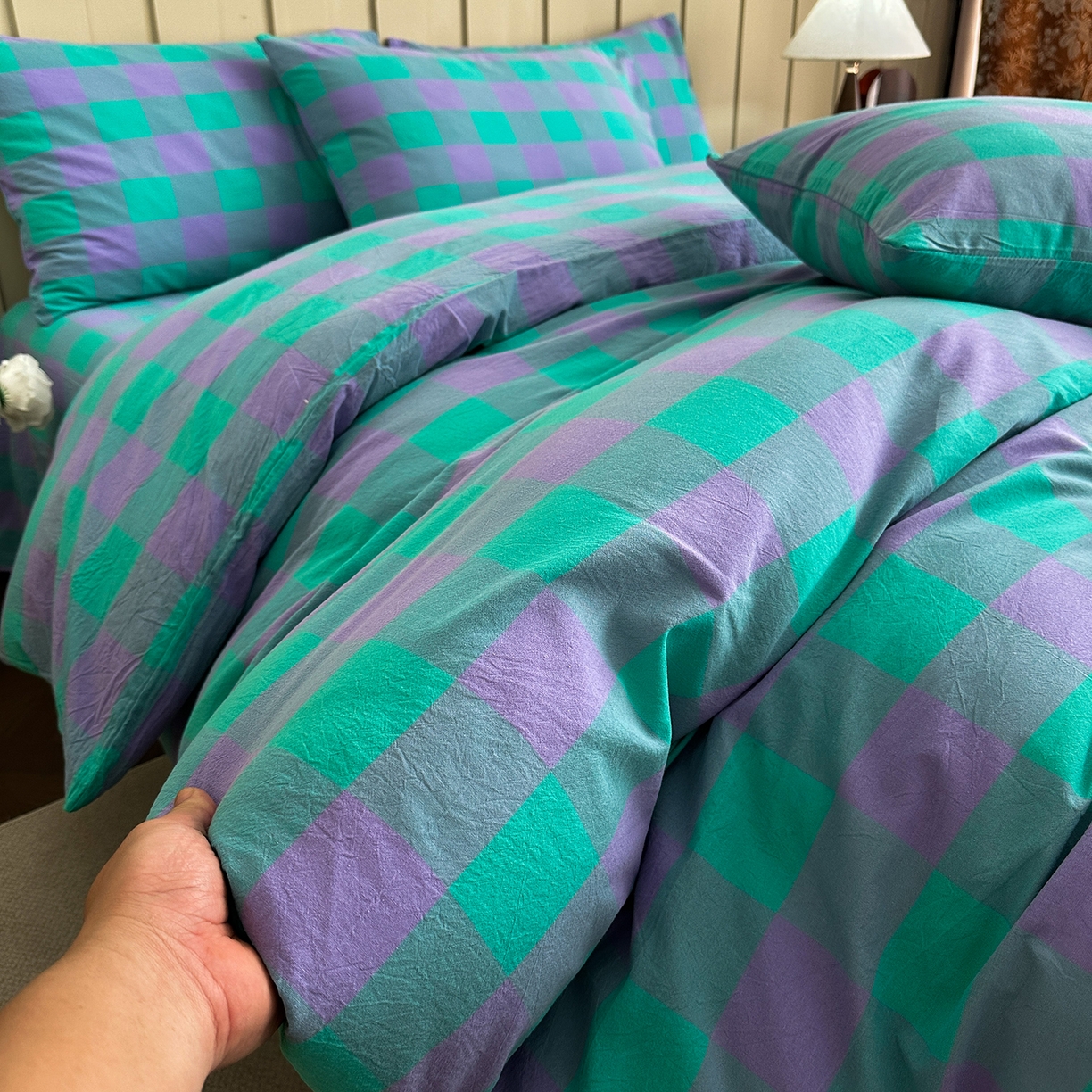 91家纺网 家纺一手货源 找家纺 蓝梦 2026新款全棉纯棉色织水洗棉简约四件套-大格 优雅兰