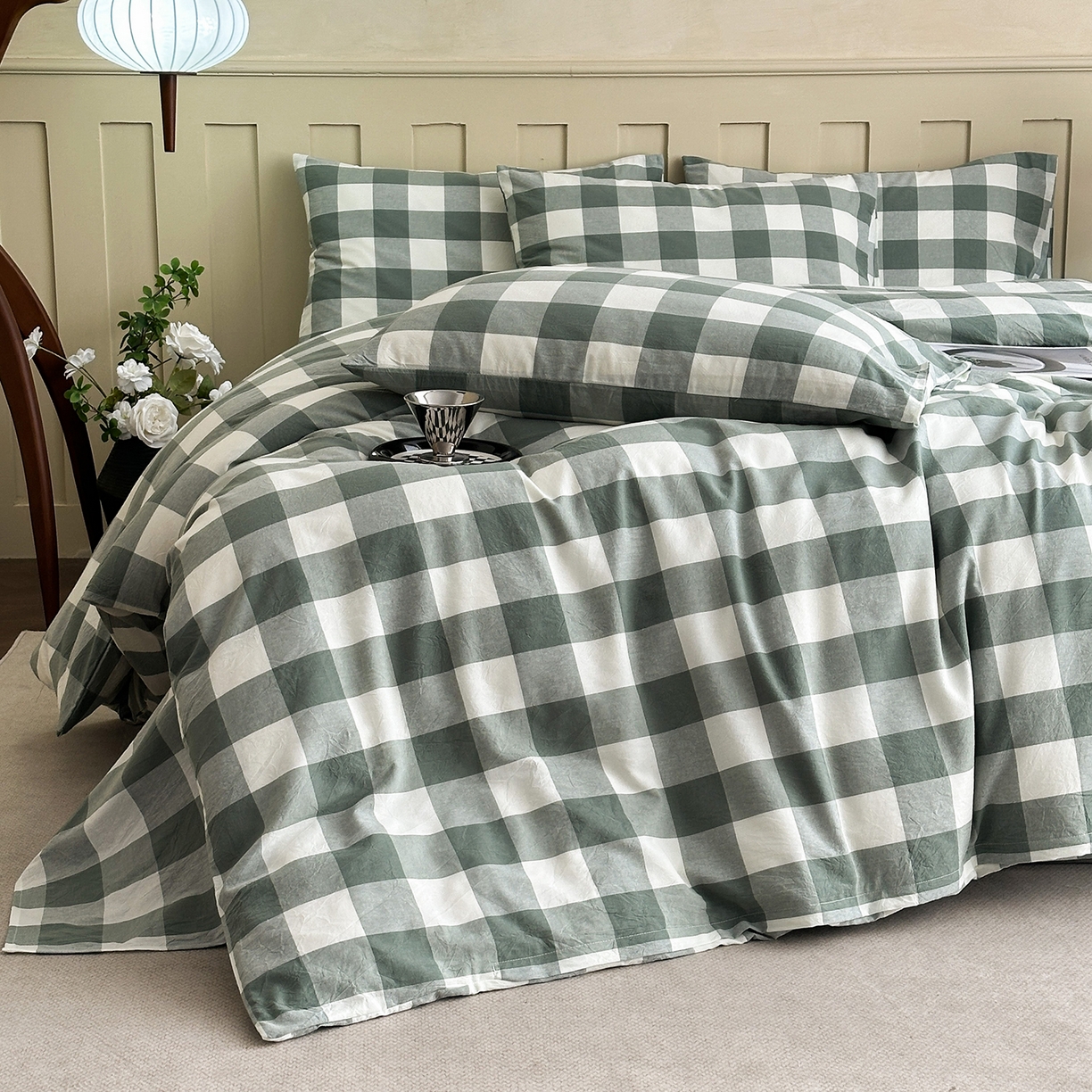 91家纺网 家纺一手货源 找家纺 蓝梦 2026新款全棉纯棉色织水洗棉简约四件套-大格 艾格绿